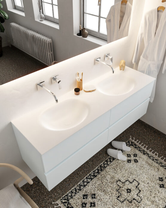MONDIAZ VICA 150cm mueble de baño Clay 4 cajones lavabo MOON Doble sin orificio con espejo LED.