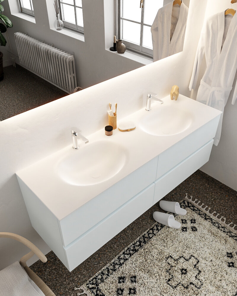 MONDIAZ VICA 150cm mueble de baño Clay 4 cajones lavabo MOON Doble 2 orificios con espejo LED. 1 MONDIAZ VICA 150cm mueble de baño Clay 4 cajones lavabo MOON Doble 2 orificios con espejo LED.