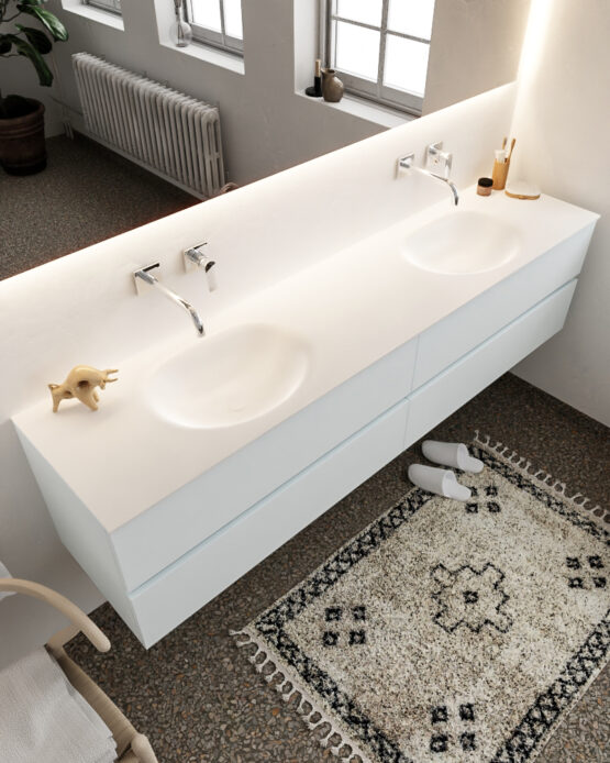 MONDIAZ VICA 200cm mueble de baño Clay 4 cajones lavabo MOON Doble sin orificio con espejo LED.