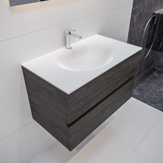MONDIAZ VICA 80cm mueble de baño Dark Brown 2 cajones lavabo MOON Centro 1 orificio con espejo LED.