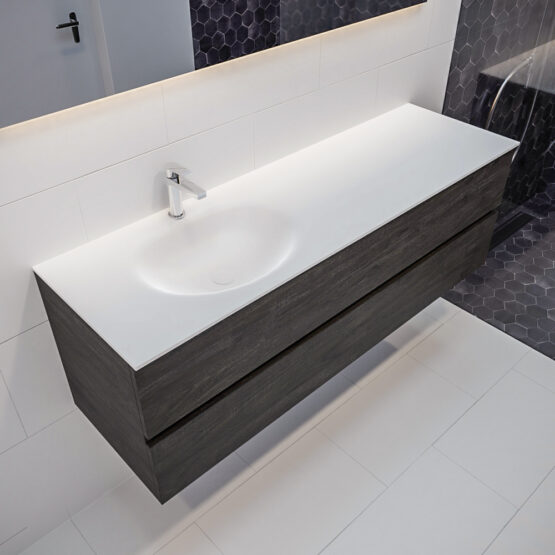 MONDIAZ VICA 150cm mueble de baño Dark Brown 2 cajones lavabo MOON Izquierda 1 orificio con espejo LED.