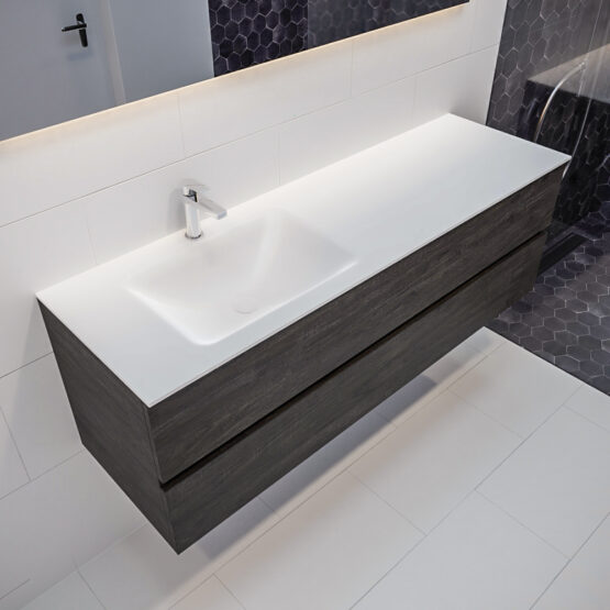 MONDIAZ VICA 150cm mueble de baño Dark Brown 2 cajones lavabo CLOUD Izquierda 1 orificio con espejo LED.