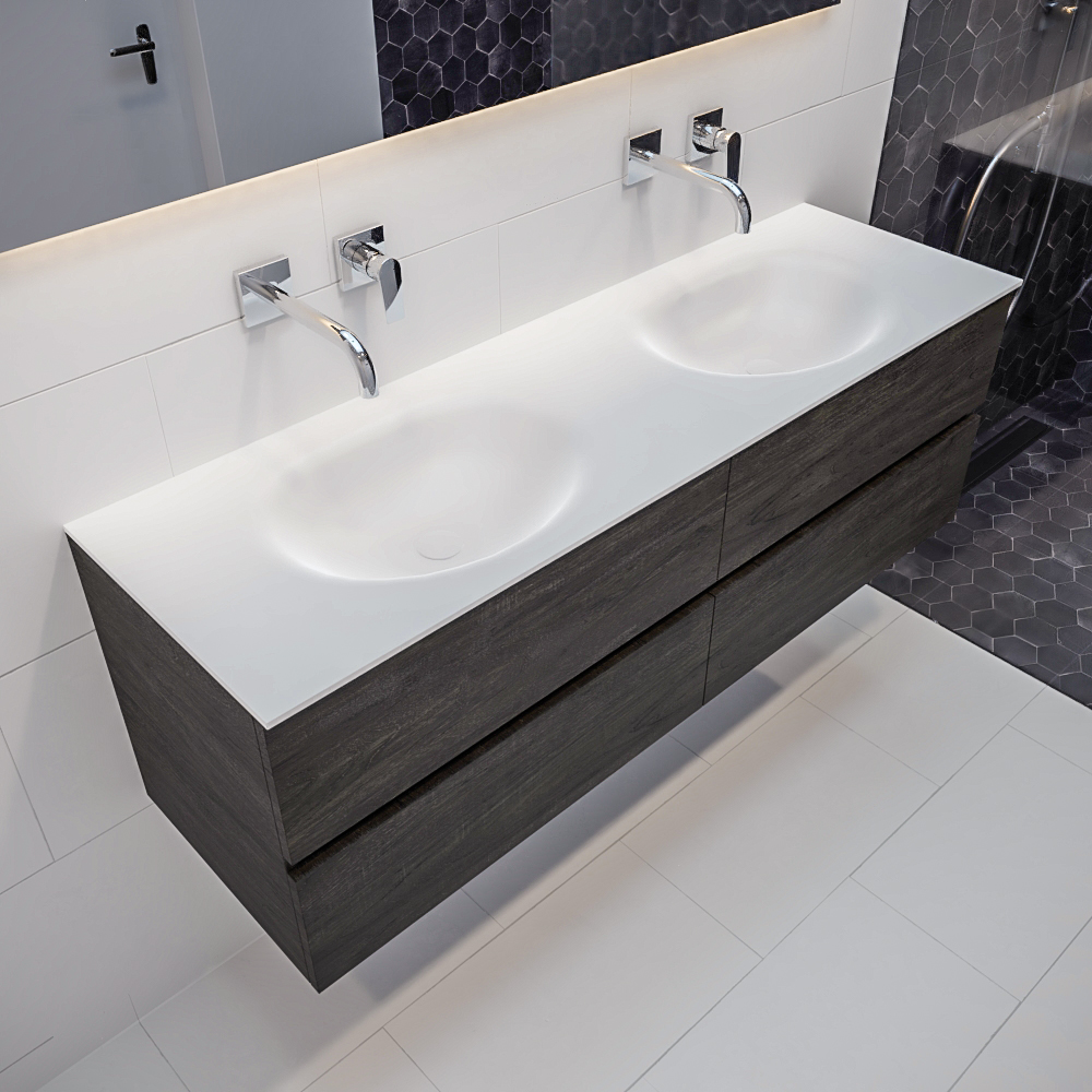 MONDIAZ VICA 150cm mueble de baño Dark Brown 4 cajones lavabo MOON Doble sin orificio con espejo LED. 1 MONDIAZ VICA 150cm mueble de baño Dark Brown 4 cajones lavabo MOON Doble sin orificio con espejo LED.