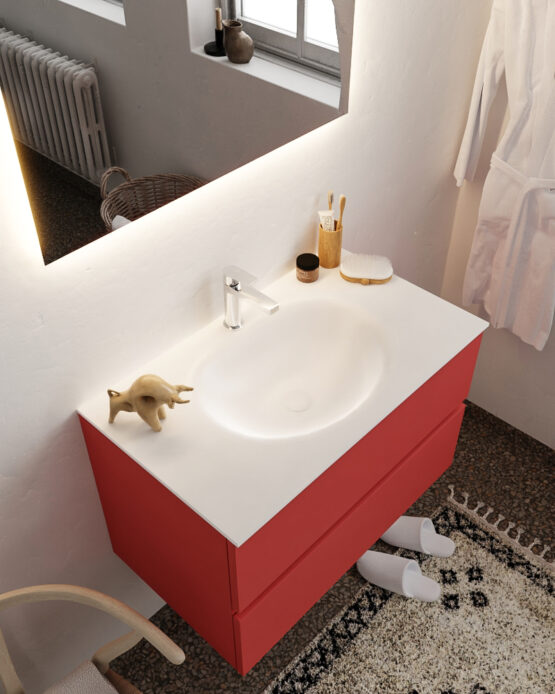 MONDIAZ VICA 80cm mueble de baño Fire 2 cajones lavabo MOON Centro 1 orificio con espejo LED.