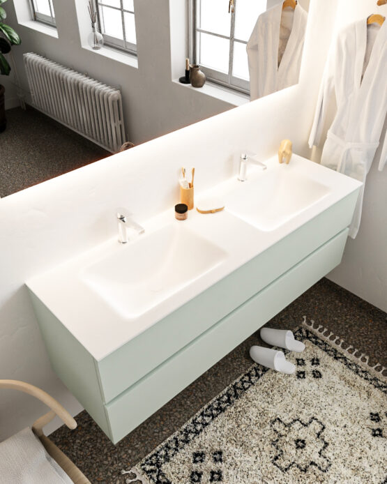 MONDIAZ VICA 150cm mueble de baño Greey 2 cajones lavabo CLOUD Doble 2 orificios con espejo LED.