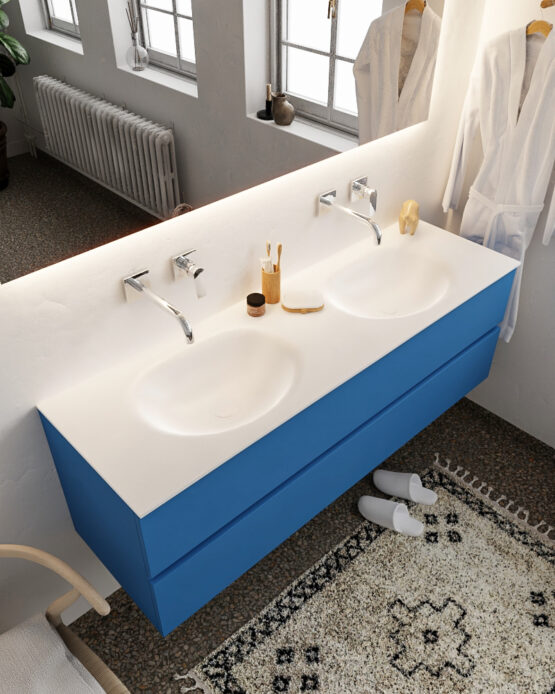 MONDIAZ VICA 150cm mueble de baño Jeans 2 cajones lavabo MOON Doble sin orificio con espejo LED.