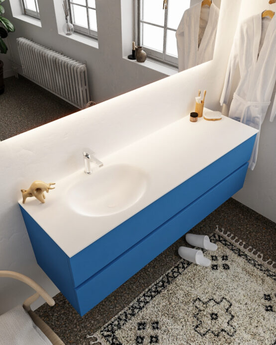MONDIAZ VICA 150cm mueble de baño Jeans 2 cajones lavabo MOON Izquierda 1 orificio con espejo LED.