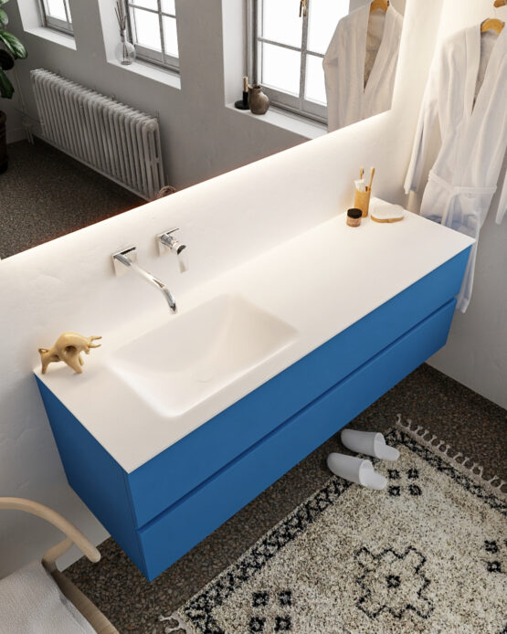 MONDIAZ VICA 150cm mueble de baño Jeans 2 cajones lavabo CLOUD Izquierda sin orificio con espejo LED.