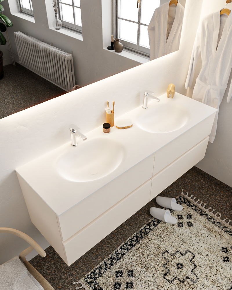 MONDIAZ VICA 150cm mueble de baño Linen 4 cajones lavabo MOON Doble 2 orificios con espejo LED. 1 MONDIAZ VICA 150cm mueble de baño Linen 4 cajones lavabo MOON Doble 2 orificios con espejo LED.
