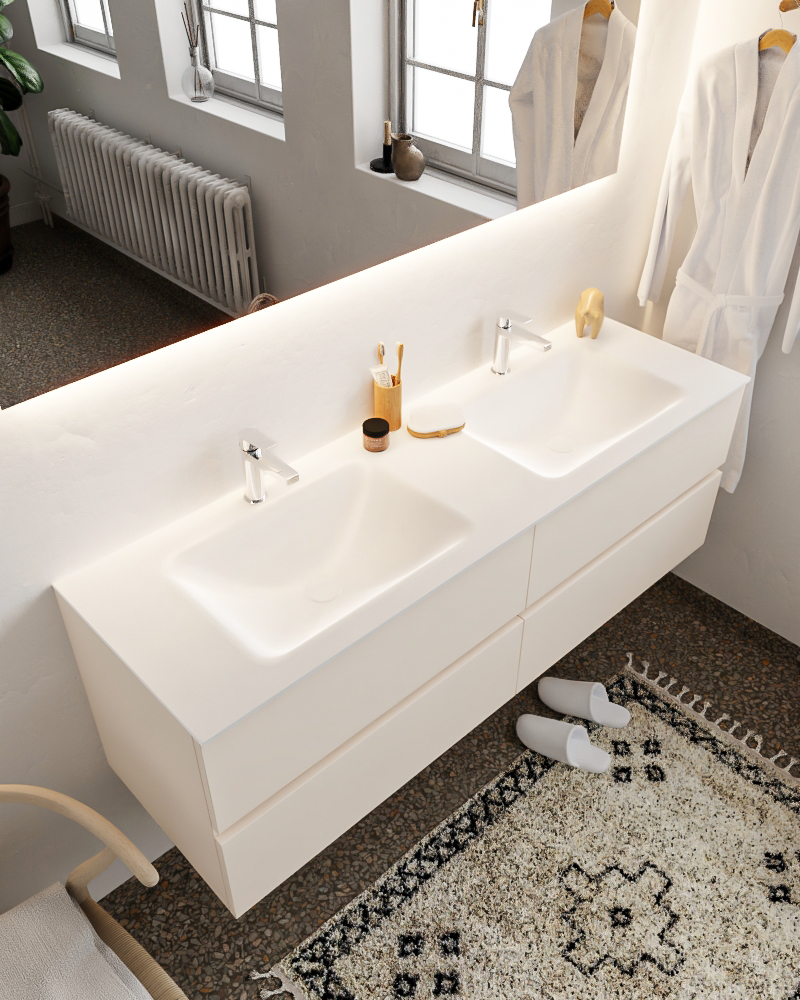 MONDIAZ VICA 150cm mueble de baño Linen 4 cajones lavabo CLOUD Doble 2 orificios con espejo LED. 1 MONDIAZ VICA 150cm mueble de baño Linen 4 cajones lavabo CLOUD Doble 2 orificios con espejo LED.