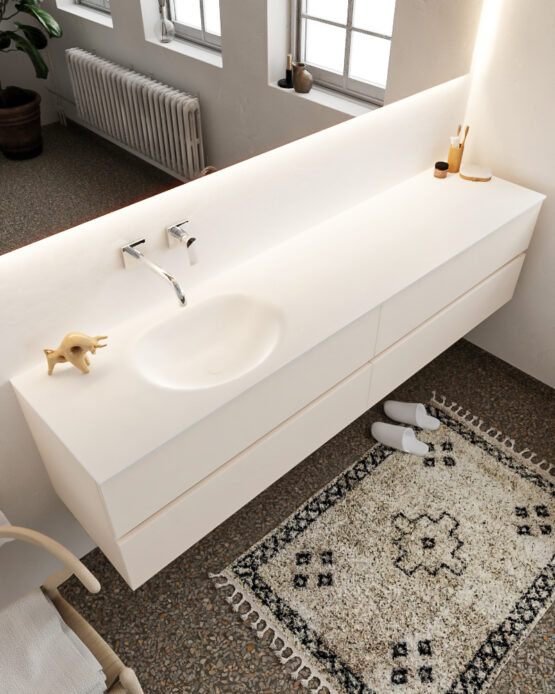 MONDIAZ VICA 200cm mueble de baño Linen 4 cajones lavabo MOON Izquierda sin orificio con espejo LED.