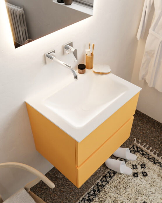 MONDIAZ VICA 60cm mueble de baño Ocher 2 cajones lavabo CLOUD Centro sin orificio con espejo LED.