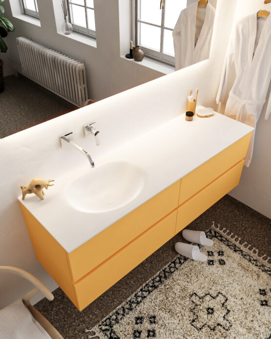 MONDIAZ VICA 150cm mueble de baño Ocher 4 cajones lavabo MOON Izquierda sin orificio con espejo LED.