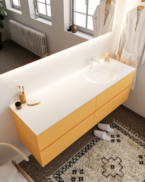MONDIAZ VICA 150cm mueble de baño Ocher 4 cajones lavabo MOON Derecho 1 orificio con espejo LED.