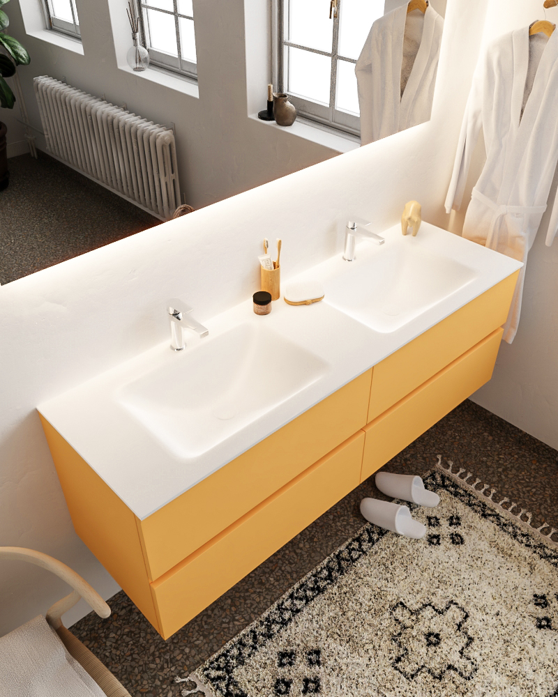 MONDIAZ VICA 150cm mueble de baño Ocher 4 cajones lavabo CLOUD Doble 2 orificios con espejo LED. 1 MONDIAZ VICA 150cm mueble de baño Ocher 4 cajones lavabo CLOUD Doble 2 orificios con espejo LED.