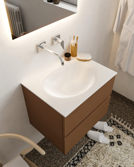 MONDIAZ VICA 60cm mueble de baño Rust 2 cajones lavabo MOON Centro sin orificio con espejo LED.