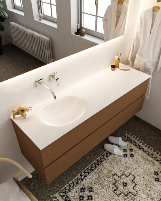 MONDIAZ VICA 150cm mueble de baño Rust 2 cajones lavabo MOON Izquierda sin orificio con espejo LED.