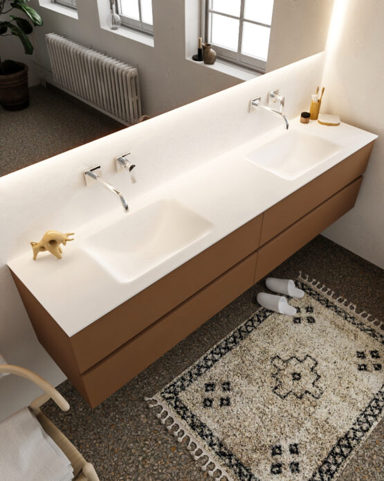 MONDIAZ VICA 200cm mueble de baño Rust 4 cajones lavabo CLOUD Doble sin orificio con espejo LED.