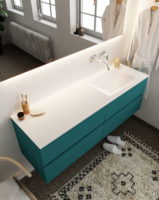 MONDIAZ VICA 150cm mueble de baño Smag 4 cajones lavabo CLOUD Derecho sin orificio con espejo LED.