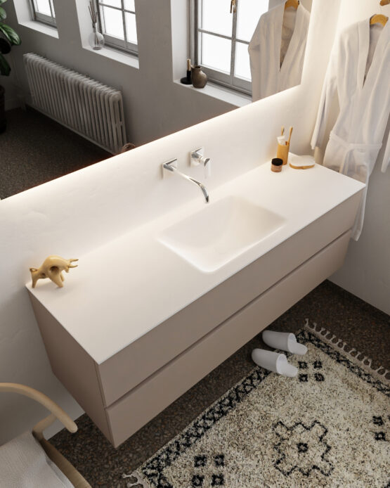 MONDIAZ VICA 150cm mueble de baño Smoke 2 cajones lavabo CLOUD Centro sin orificio con espejo LED.
