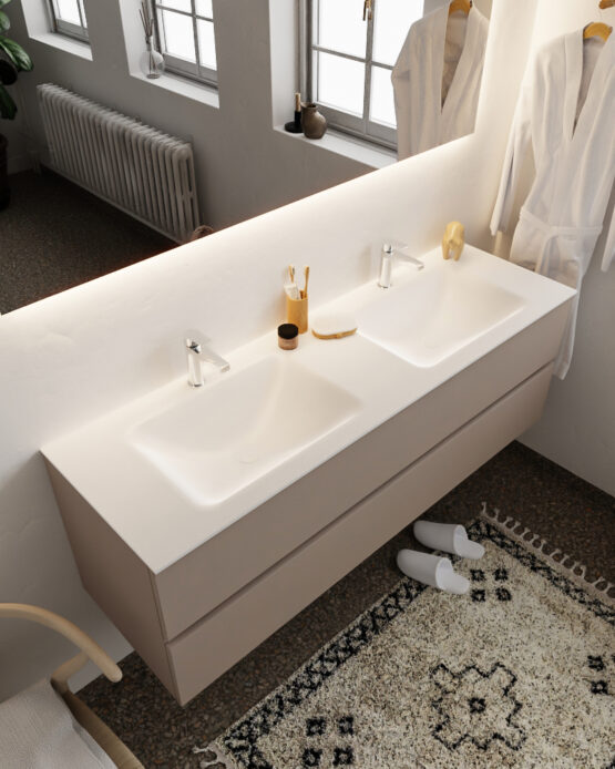 MONDIAZ VICA 150cm mueble de baño Smoke 2 cajones lavabo CLOUD Doble 2 orificios con espejo LED.