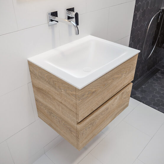 MONDIAZ VICA 60cm mueble de baño Washed Oak 2 cajones lavabo CLOUD Centro sin orificio con espejo LED.