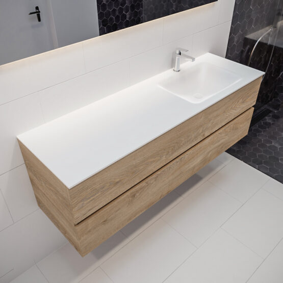 MONDIAZ VICA 150cm mueble de baño Washed Oak 2 cajones lavabo CLOUD Derecho 1 orificio con espejo LED.