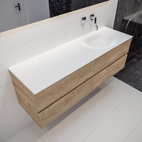MONDIAZ VICA 150cm mueble de baño Washed Oak 4 cajones lavabo MOON Derecho sin orificio con espejo LED.