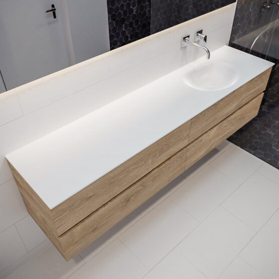 MONDIAZ VICA 200cm mueble de baño Washed Oak 4 cajones lavabo MOON Derecho sin orificio con espejo LED.