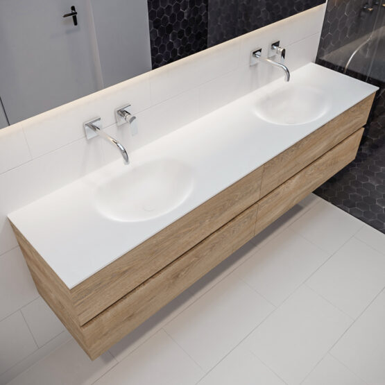 MONDIAZ VICA 200cm mueble de baño Washed Oak 4 cajones lavabo MOON Doble sin orificio con espejo LED.