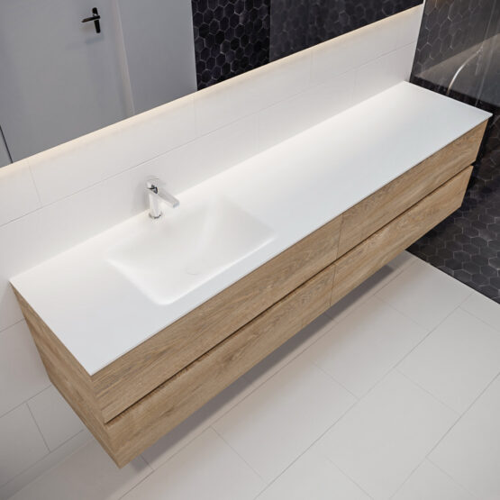 MONDIAZ VICA 200cm mueble de baño Washed Oak 4 cajones lavabo CLOUD Izquierda 1 orificio con espejo LED.
