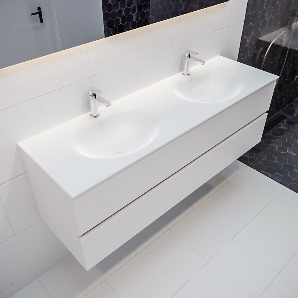 MONDIAZ VICA 150cm mueble de baño Talc 2 cajones lavabo MOON Doble 2 orificios con espejo LED. 1 MONDIAZ VICA 150cm mueble de baño Talc 2 cajones lavabo MOON Doble 2 orificios con espejo LED.