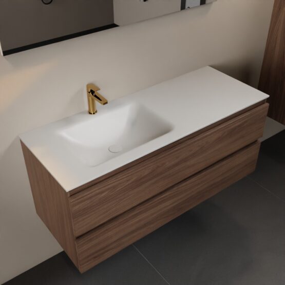 MONDIAZ AIVY 120cm mueble de baño Mocha. Lavabo Talc Solid surface Izquierda 1 orificio.