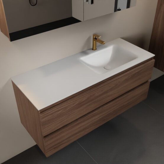 MONDIAZ AIVY 120cm mueble de baño Mocha. Lavabo Talc Solid surface Derecho 1 orificio y armario con espejo.