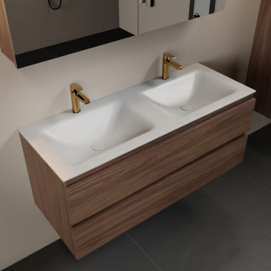MONDIAZ AIVY 120cm mueble de baño Mocha. Lavabo Talc Solid surface Doble 2 orificios y armario con espejo.