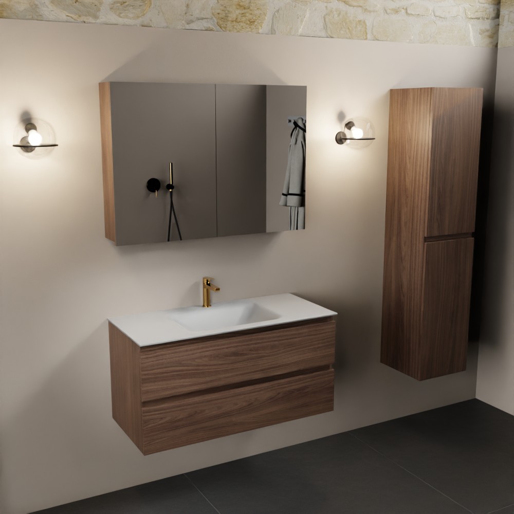 MONDIAZ AIVY 100cm mueble de baño Mocha. Lavabo Talc Solid surface Centro 1 orificio y armario con espejo. 2 MONDIAZ AIVY 100cm mueble de baño Mocha. Lavabo Talc Solid surface Centro 1 orificio y armario con espejo. - Imagen 2