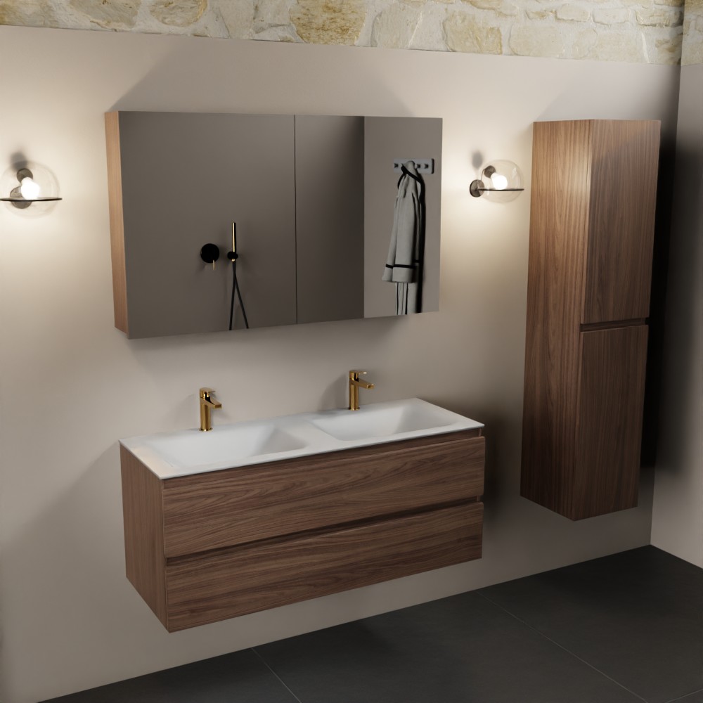 MONDIAZ AIVY 120cm mueble de baño Mocha. Lavabo Talc Solid surface Doble 2 orificios y armario con espejo. 2 MONDIAZ AIVY 120cm mueble de baño Mocha. Lavabo Talc Solid surface Doble 2 orificios y armario con espejo. - Imagen 2