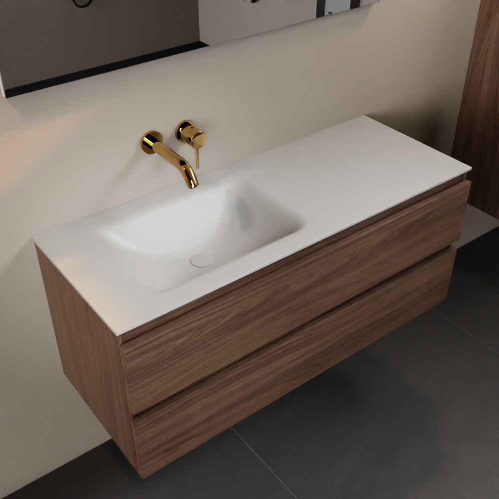 MONDIAZ AIVY 120cm mueble de baño Mocha. Lavabo Talc solid surface Izquierda sin orificio con espejo. 1 MONDIAZ AIVY 120cm mueble de baño Mocha. Lavabo Talc Solid surface Izquierda sin orificio.