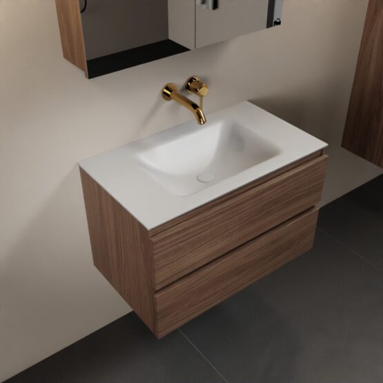 MONDIAZ AIVY 80cm mueble de baño Mocha. Lavabo Talc Solid surface Centro sin orificio y armario con espejo.