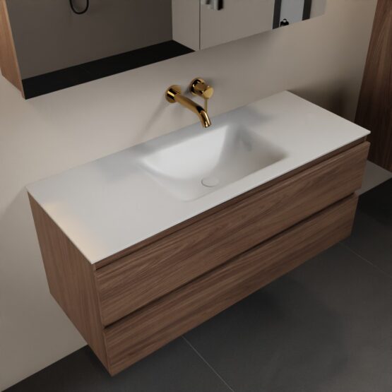 MONDIAZ AIVY 120cm mueble de baño Mocha. Lavabo Talc Solid surface Centro sin orificio y armario con espejo.