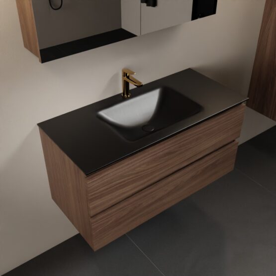 MONDIAZ AIVY 100cm mueble de baño Mocha. Lavabo Urban Solid surface Centro 1 orificio y armario con espejo.