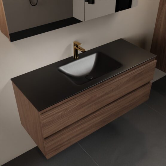 MONDIAZ AIVY 120cm mueble de baño Mocha. Lavabo Urban Solid surface Centro 1 orificio y armario con espejo.