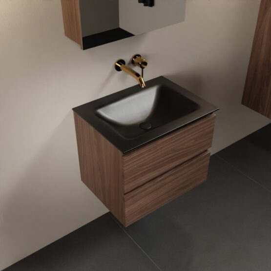 MONDIAZ AIVY 60cm mueble de baño Mocha. Lavabo Urban Solid surface Centro sin orificio y armario con espejo.