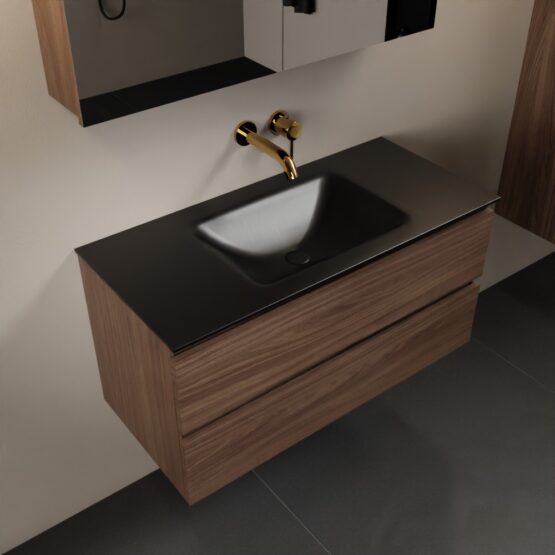 MONDIAZ AIVY 100cm mueble de baño Mocha. Lavabo Urban Solid surface Centro sin orificio y armario con espejo.