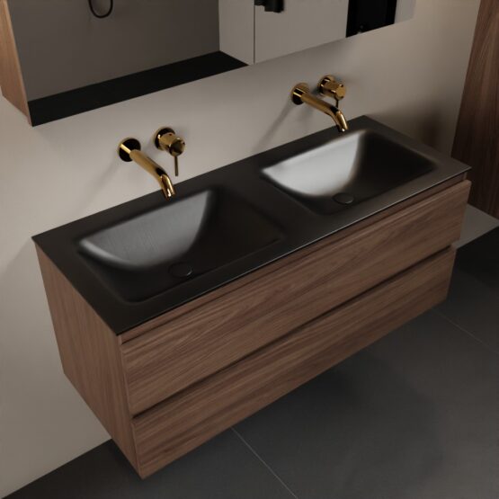 MONDIAZ AIVY 120cm mueble de baño Mocha. Lavabo Urban Solid surface Doble sin orificio y armario con espejo.