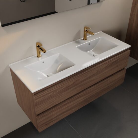 MONDIAZ AIVY 120cm mueble de baño Mocha. Lavabo Blanco brillo Cerámica Doble 2 orificios.