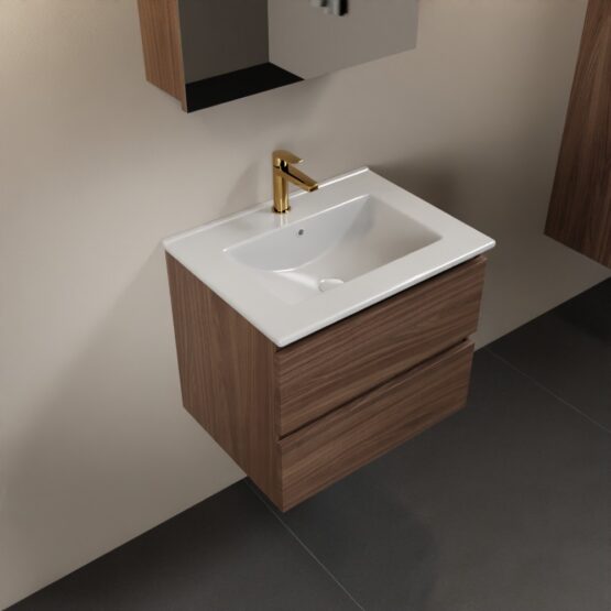 MONDIAZ AIVY 60cm mueble de baño Mocha. Lavabo blanco brillo cerámica Centro 1 orificio y armario con espejo.