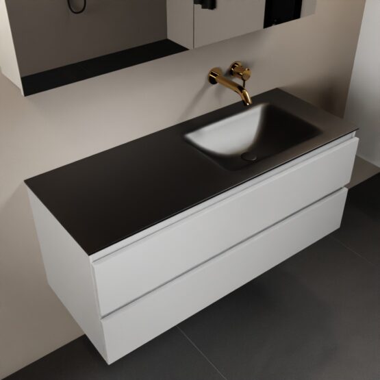 MONDIAZ AIVY 120cm mueble de baño Talc. Lavabo Urban Solid surface Derecho sin orificio y armario con espejo.