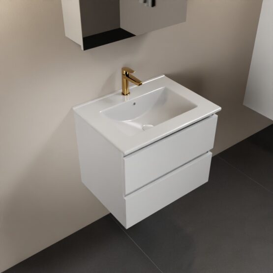 MONDIAZ AIVY 60cm mueble de baño Talc. Lavabo blanco brillo cerámica Centro 1 orificio y armario con espejo.