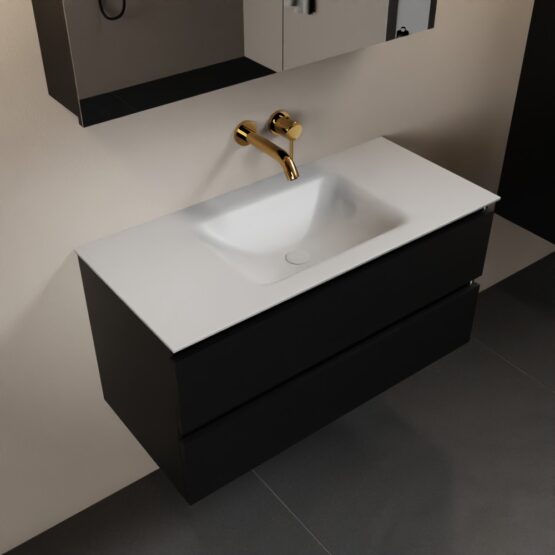 MONDIAZ AIVY 100cm mueble de baño Urban. Lavabo Talc Solid surface Centro sin orificio y armario con espejo.